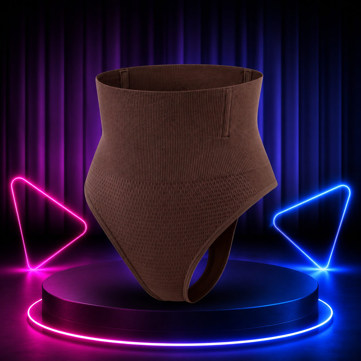 A high-waisted brown ribbed brief or panty-style garment displayed on a black pedestal with neon pink and blue lighting against a dark curtain background.