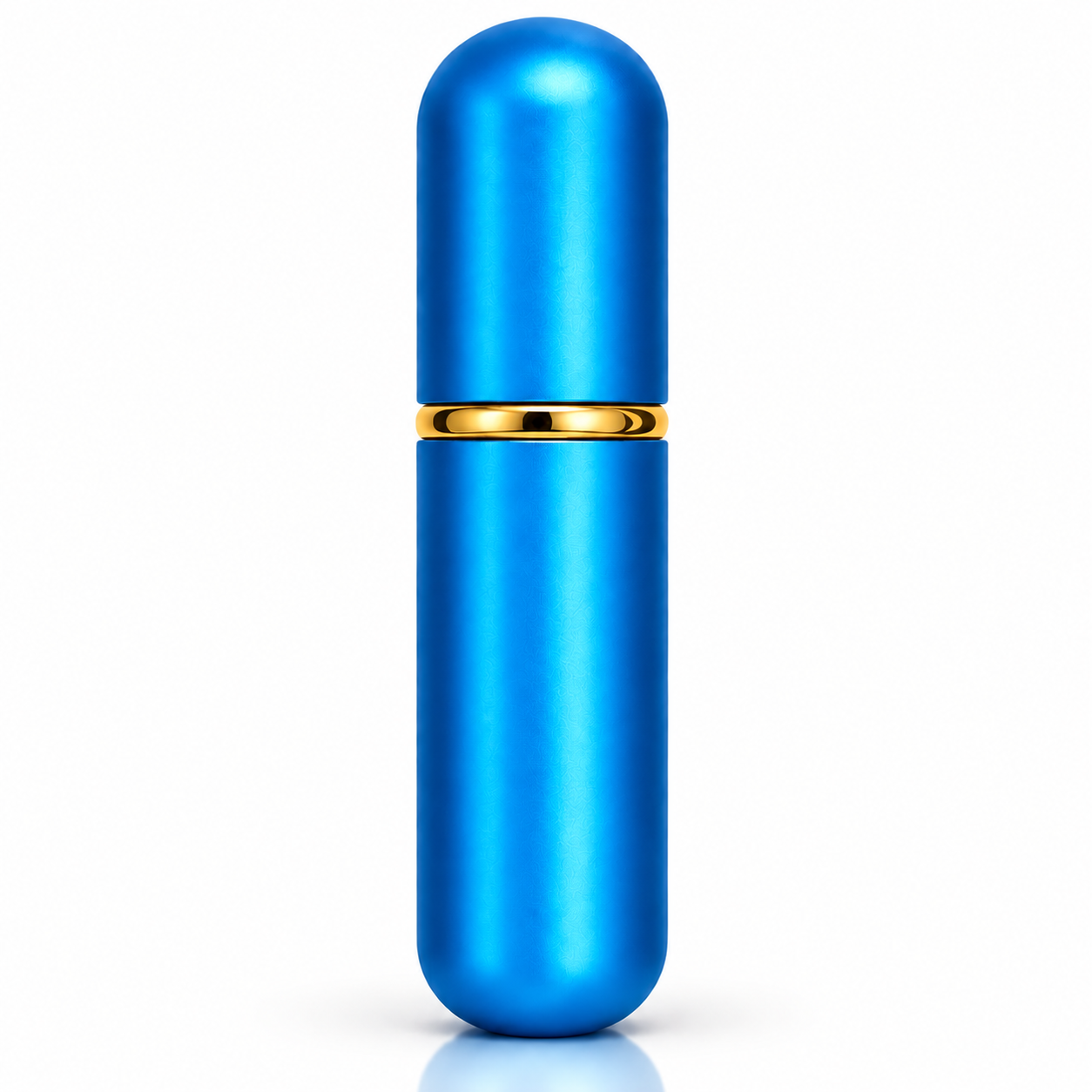 A metallic blue cylindrical cosmetic bottle with a gold accent band around the middle, shown on a clean white background with a soft reflection below.