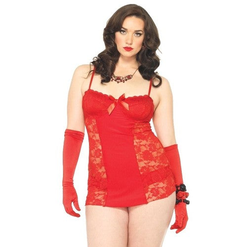 A woman modeling a red lace lingerie bodysuit with matching red opera gloves against a plain white background.