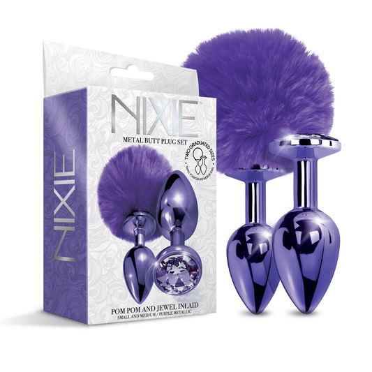NIXIE Metal Butt Plug Set, Pom Pom and Jewel Inlaid, Purple Metallic - Take A Peek