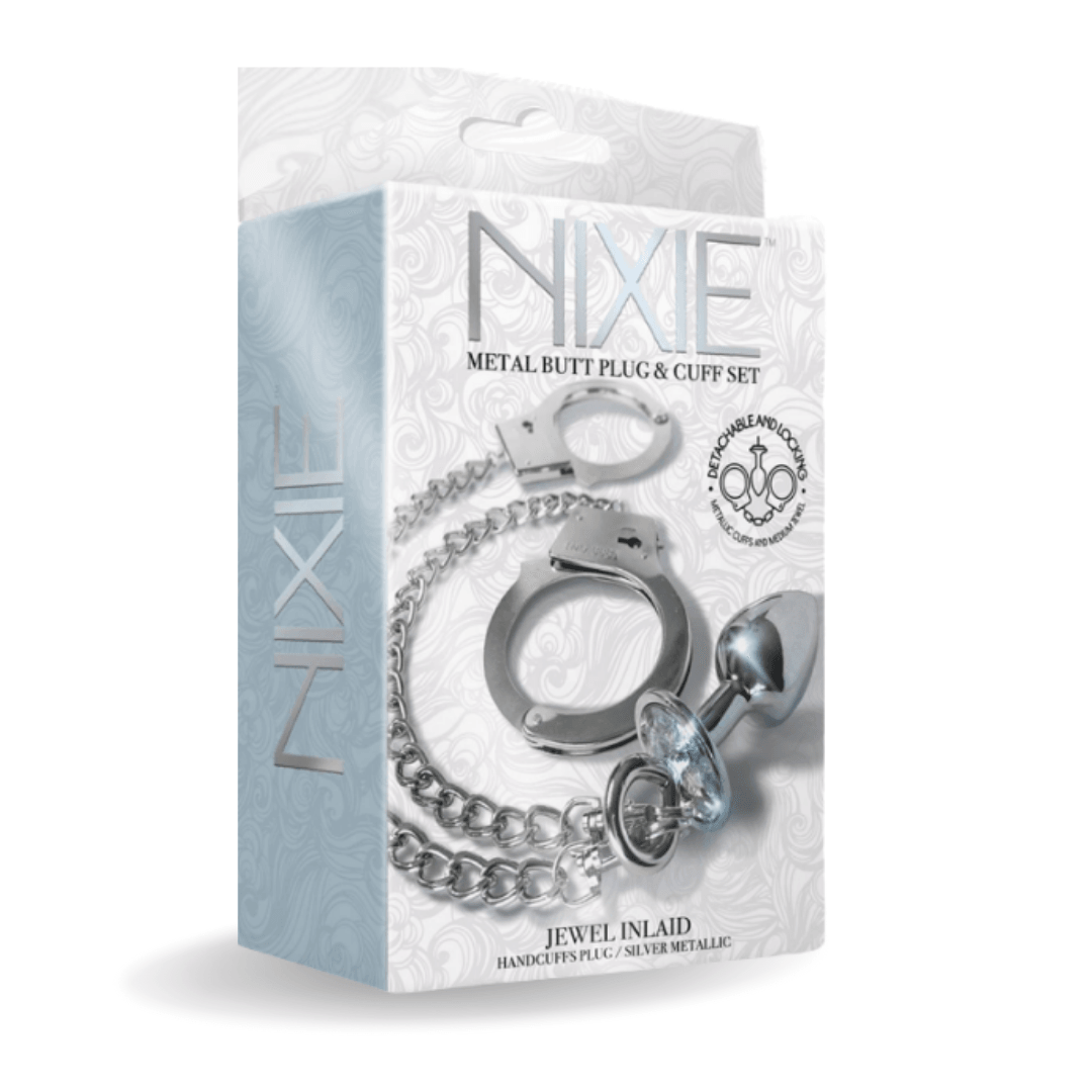 NIXIE Metal Butt Plug & Cuff Set Metallic Silver - Take A Peek