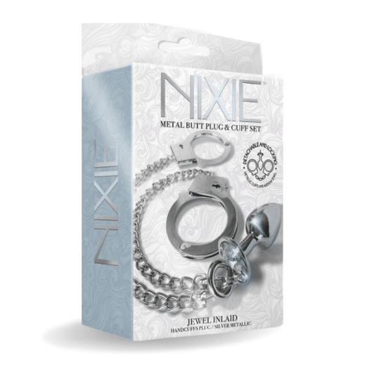 NIXIE Metal Butt Plug & Cuff Set Metallic Silver - Take A Peek