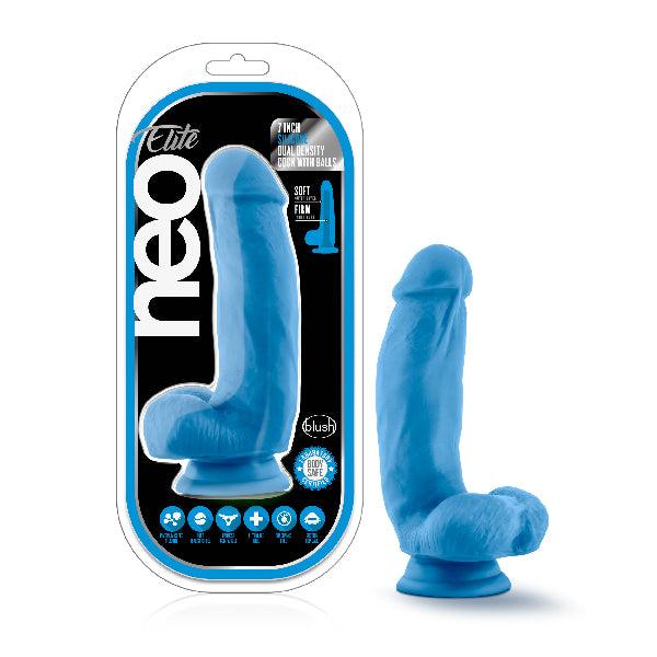 Neo Elite 7in Silicone Dual Density Cock with Balls Neon Blue - Take A Peek