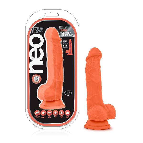 Neo Elite 7.5in Silicone Dual Density Cock with Balls Neon Orange - Take A Peek