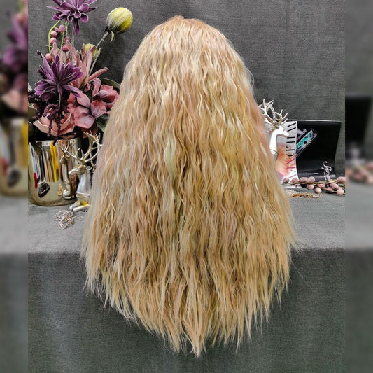 Golden Blond With Pastel Pink And Green Frizz Crimp Wig - Take A Peek
