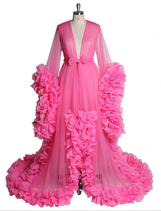 Long Sleeve Women V Neck Ruffled Pink Luxury Robe - Take A Peek