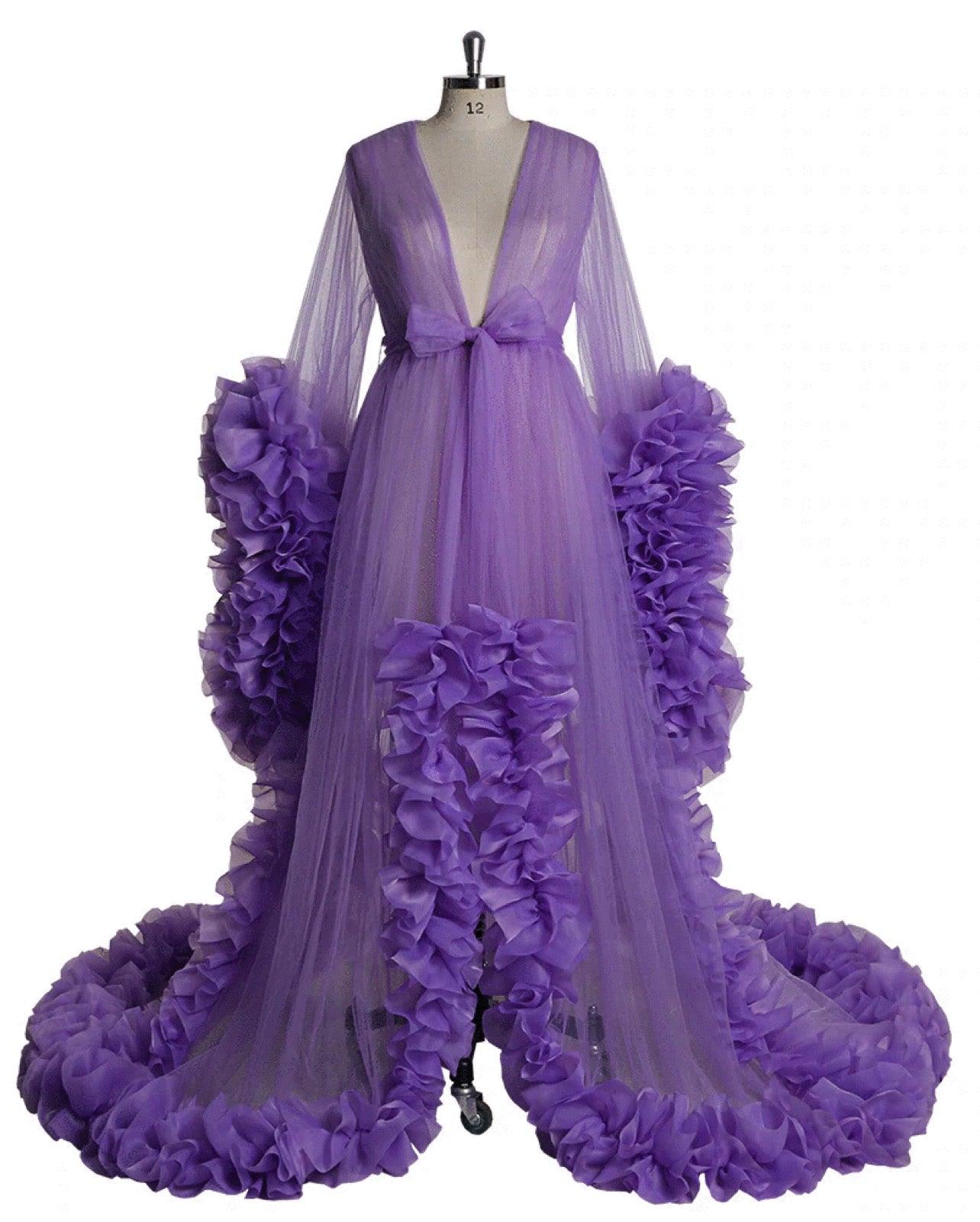 Long Sleeve Women V Neck Ruffled Purple Luxury Robe - Take A Peek