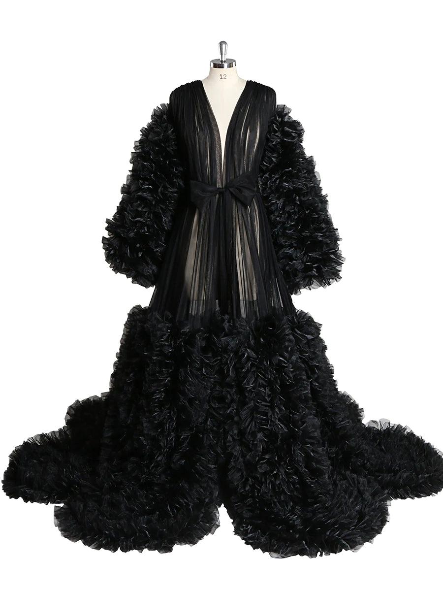 V Neck Ruffle Puffy Long Sleeve Luxury Robe - Take A Peek