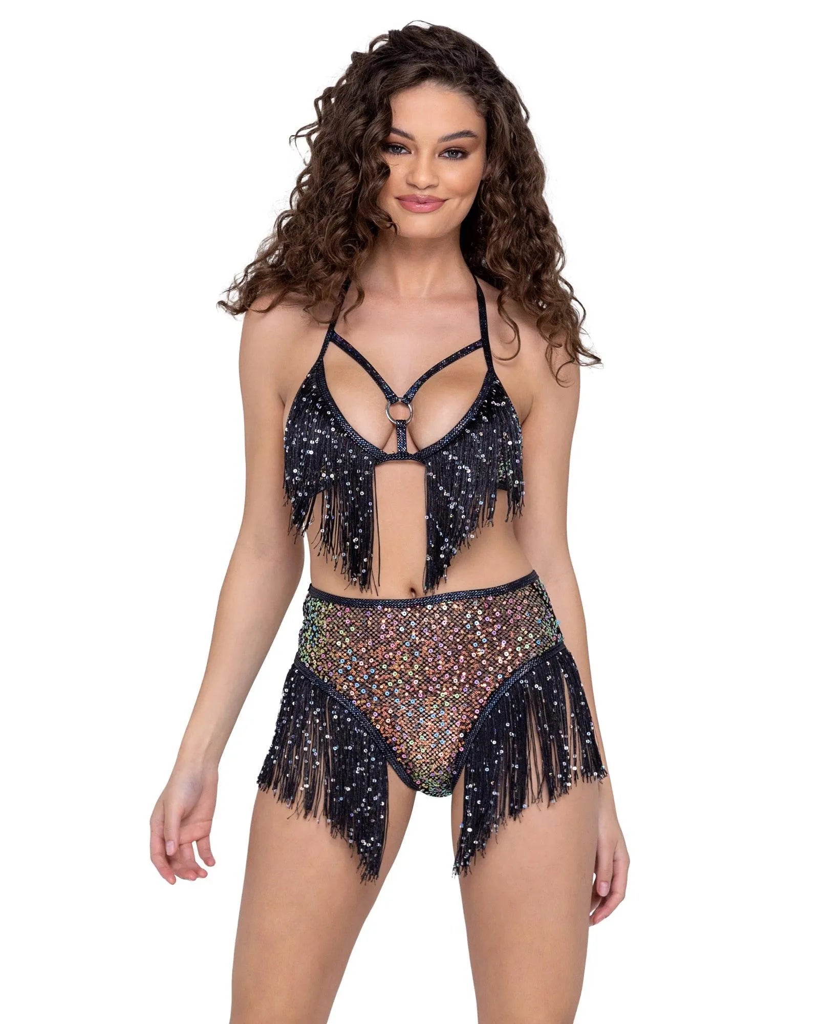 6220 - Sequin Fishnet Triangle Tie Top - Take A Peek