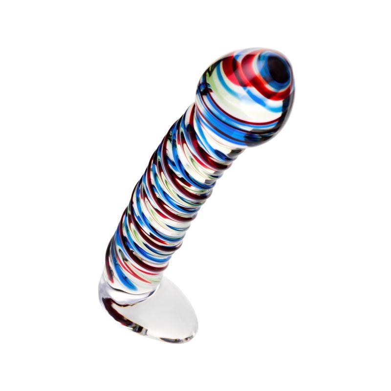 Sexus Glass Dildo Stripes w Base Blue/Red 16cm - Take A Peek