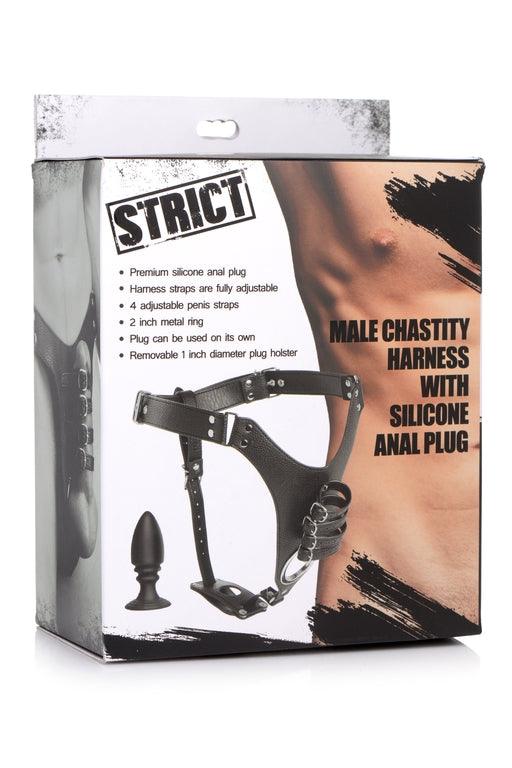 STRICT Male Chastity Harness with Silicone Anal Plug - Take A Peek