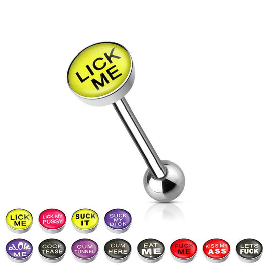 Clear Epoxy Covered Bad Words Inlaid 316L Surgical Steel Barbell Tongue Rings - Take A Peek