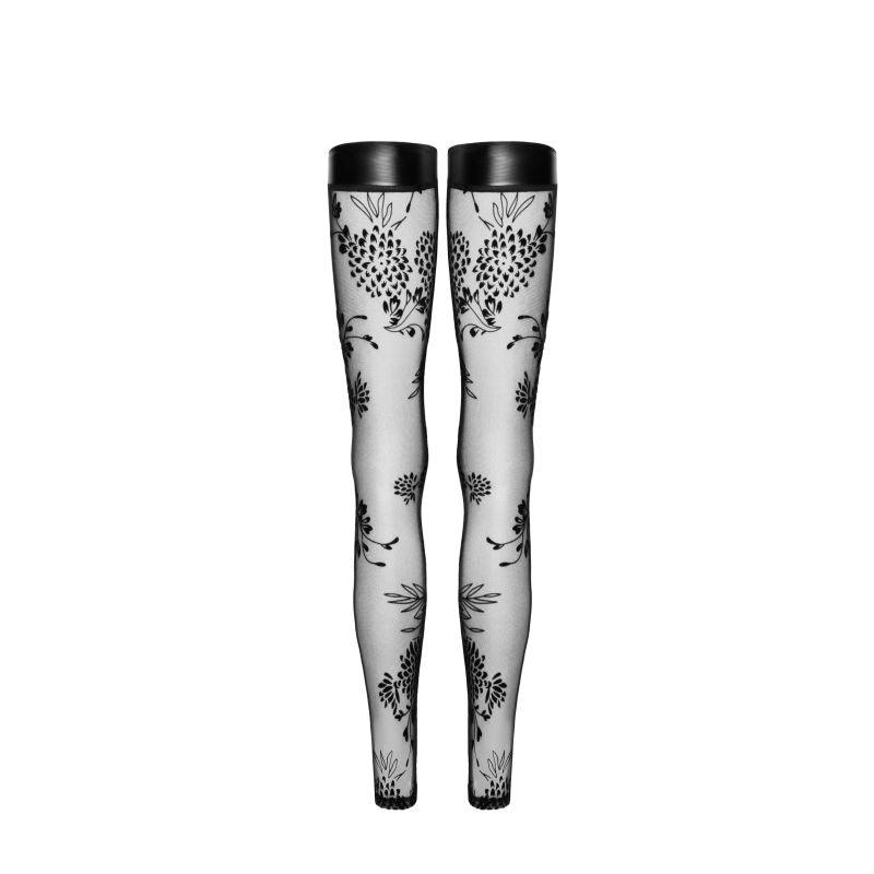 Tulle Stockings w Patterned Flock Embroidery & Power Wetlook Band - Take A Peek