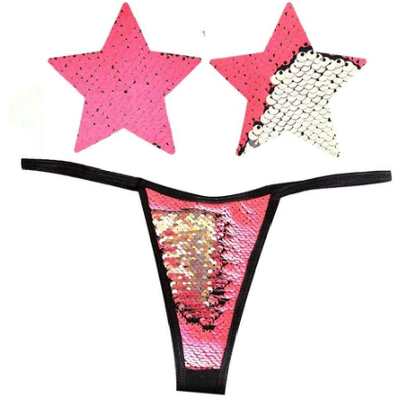 Bitchin Neon Pink and Silver Blacklight Sequin Pastie and Panty Set - Take A Peek
