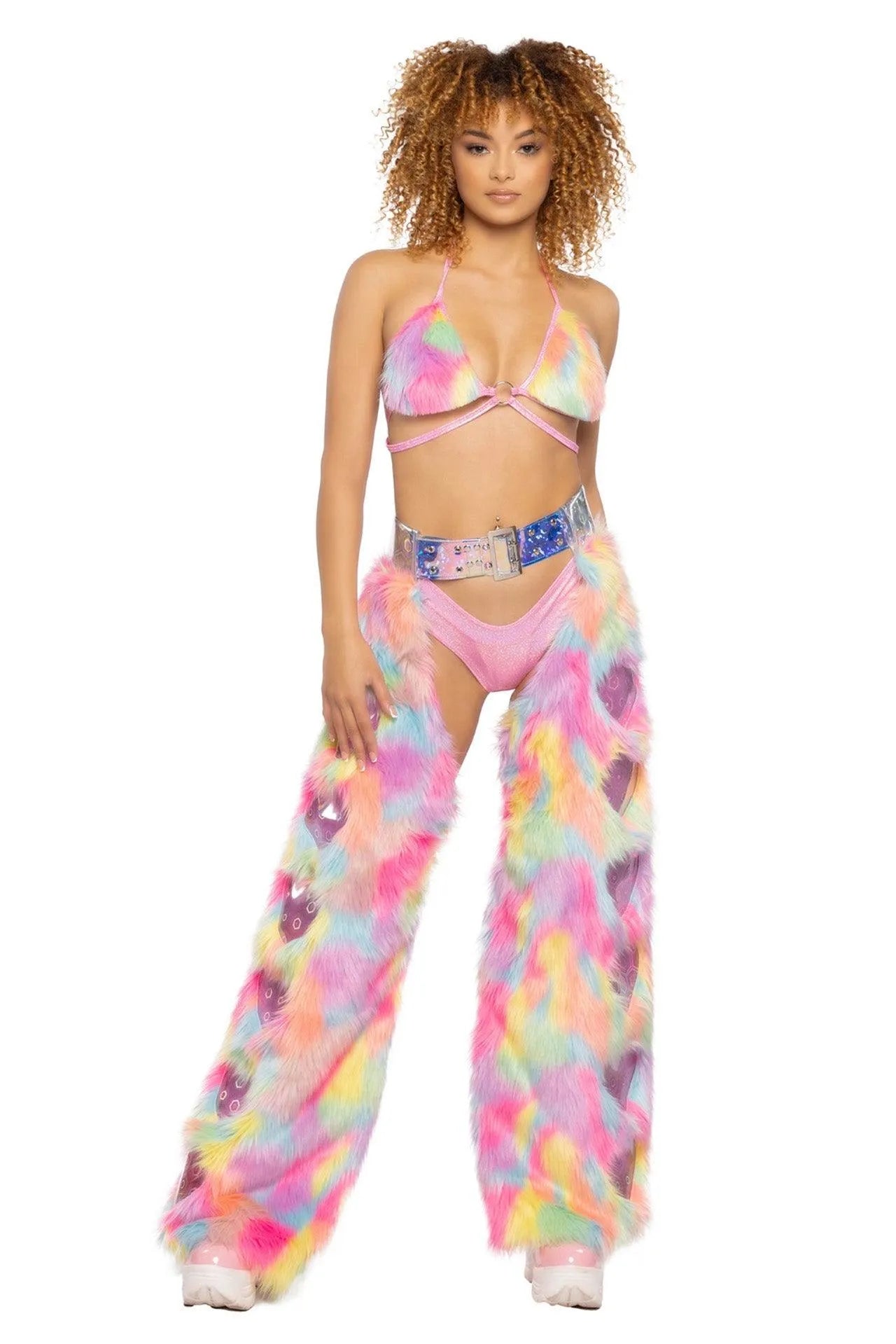 JR147 - Faux Fur Rainbow Heart Chaps - Take A Peek