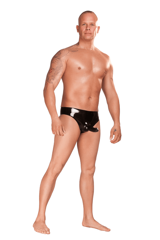 Saxenfelt Latex Mens Brief with Sleeve and Anal Plug - Black Small - Take A Peek