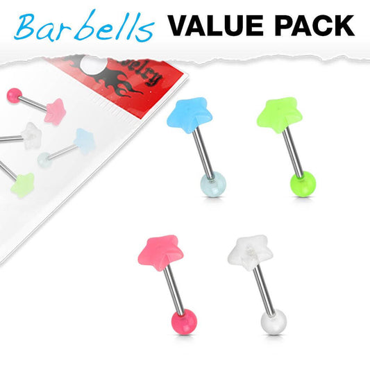 4 Pcs Value Pack Glow in the Dark Star Top 316L Surgical Steel Barbells - Take A Peek
