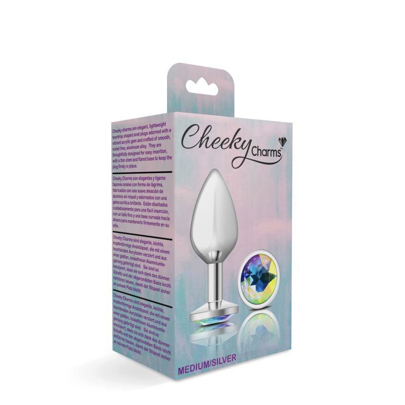 Cheeky Charms Silver Round Butt Plug w Clear Iridescent Jewel Large - Take A Peek