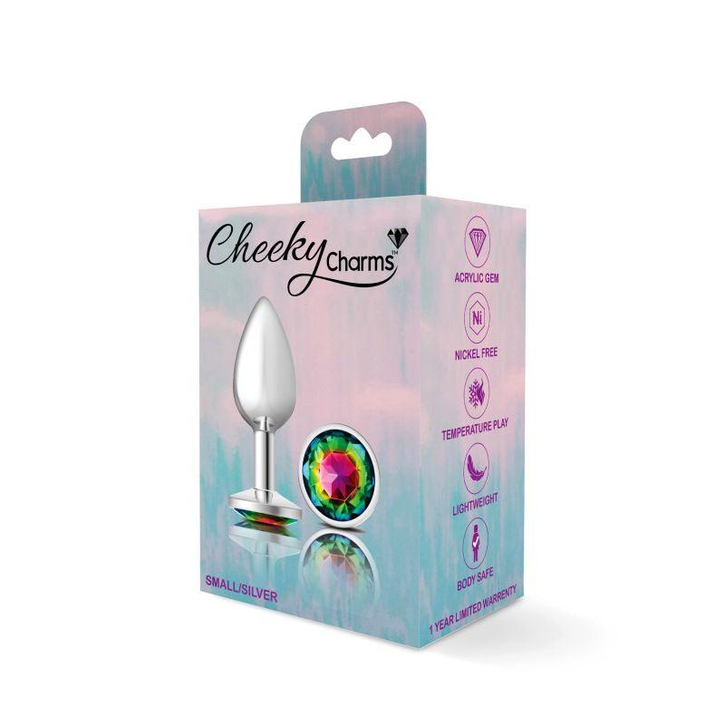 Cheeky Charms Silver Round Butt Plug w Rainbow Jewel Small - Take A Peek
