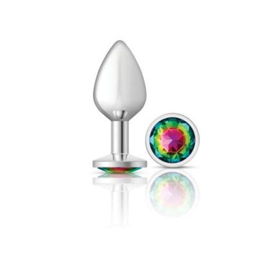 Cheeky Charms Silver Round Butt Plug w Rainbow Jewel Medium - Take A Peek