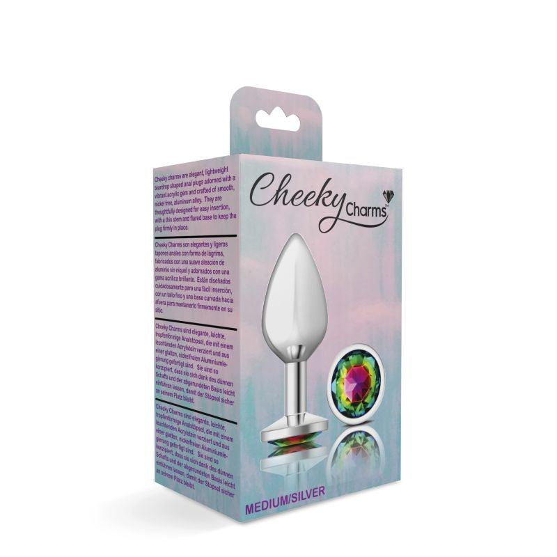 Cheeky Charms Silver Round Butt Plug w Rainbow Jewel Medium - Take A Peek