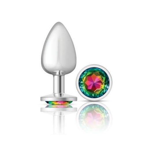 Cheeky Charms Silver Round Butt Plug w Rainbow Jewel Large - Take A Peek