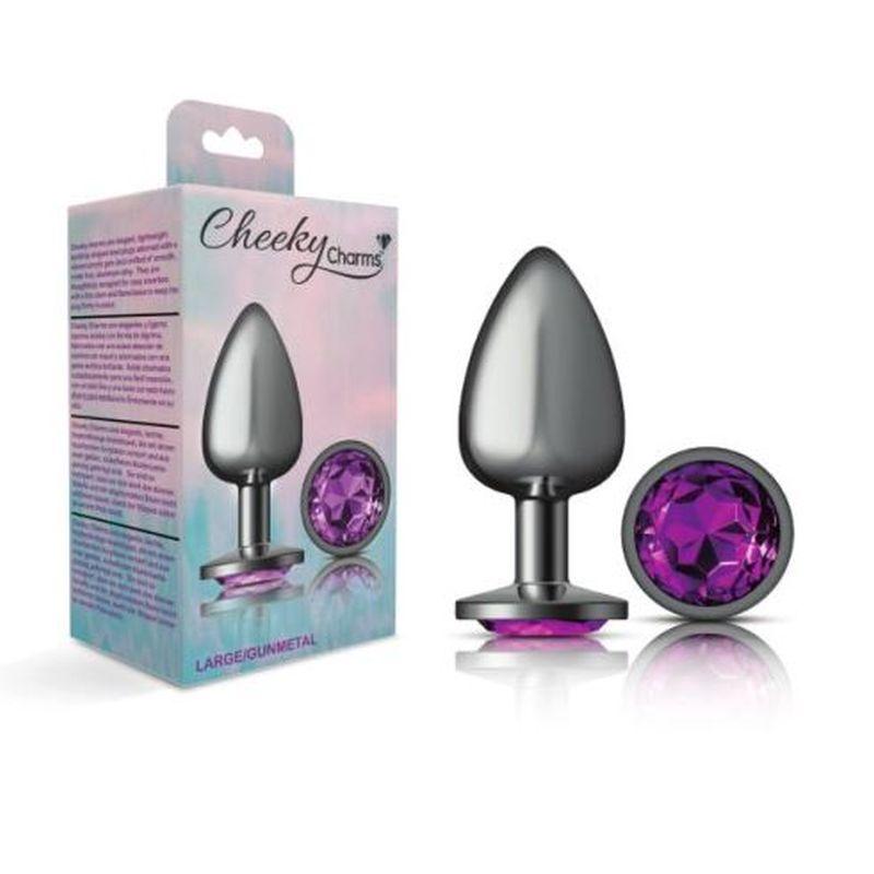 Cheeky Charms Gunmetal Round Butt Plug w Purple Jewel Large - Take A Peek