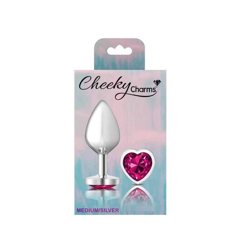 Cheeky Charms Silver Metal  Butt Plug w Heart Pink Jewel Medium - Take A Peek