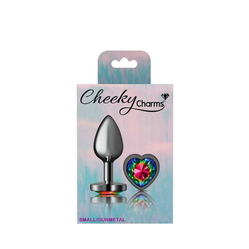 Cheeky Charms Gunmetal  Butt Plug w Heart Rainbow Jewel Small - Take A Peek