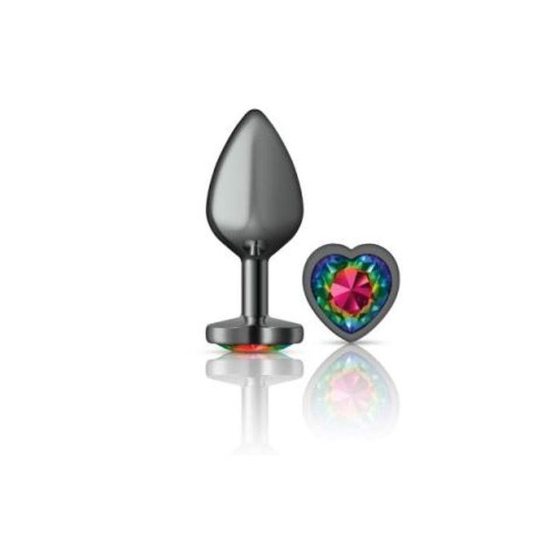 Cheeky Charms Gunmetal  Butt Plug w Heart Rainbow Jewel Medium - Take A Peek