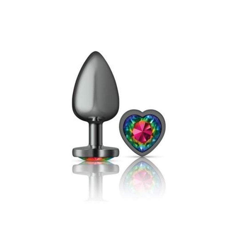 Cheeky Charms Gunmetal  Butt Plug w Heart Rainbow Jewel Large - Take A Peek