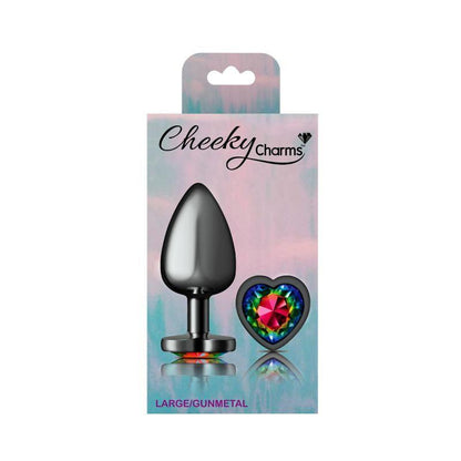 Cheeky Charms Gunmetal  Butt Plug w Heart Rainbow Jewel Large - Take A Peek