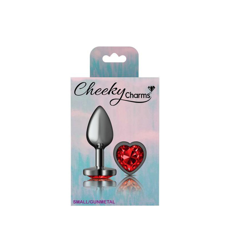Cheeky Charms Gunmetal  Butt Plug w Heart Red Jewel Small - Take A Peek