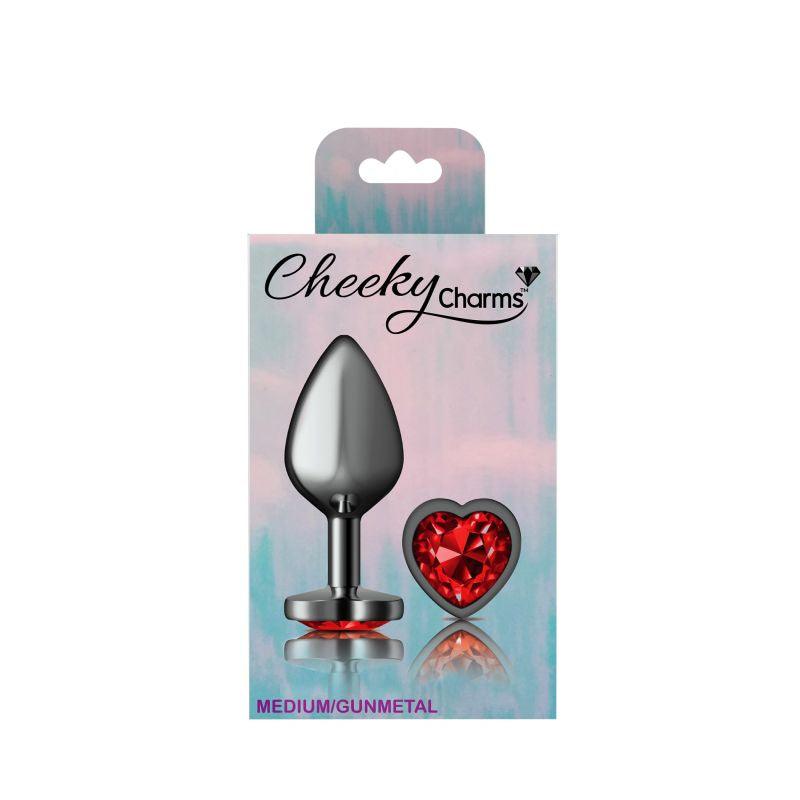 Cheeky Charms Gunmetal  Butt Plug w Heart Red Jewel Medium - Take A Peek