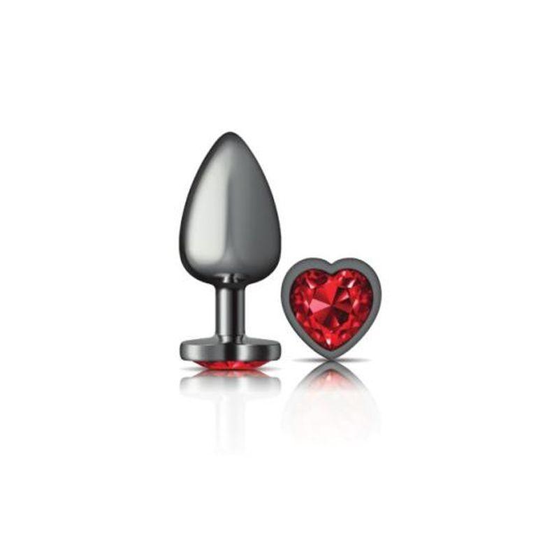 Cheeky Charms Gunmetal  Butt Plug w Heart Red Jewel Large - Take A Peek