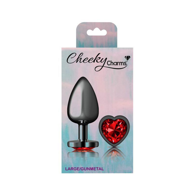 Cheeky Charms Gunmetal  Butt Plug w Heart Red Jewel Large - Take A Peek