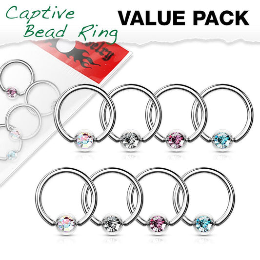 Value Pack 4 Pairs Annealed 316L Surgical Steel Captive Bead Rings with Crystal Set Ball - Take A Peek