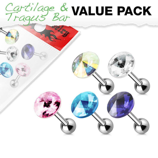 5 Pcs Value Pack of Assorted 316L Surgical Steel Pointed Crystal Cartilage/Tragus Barbell - Take A Peek