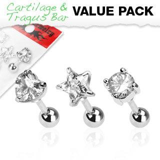 3 Pcs Value Pack of Assorted 316L Surgical Steel Clear CZ Prong Tragus/Cartilage Piercing Stud - Take A Peek