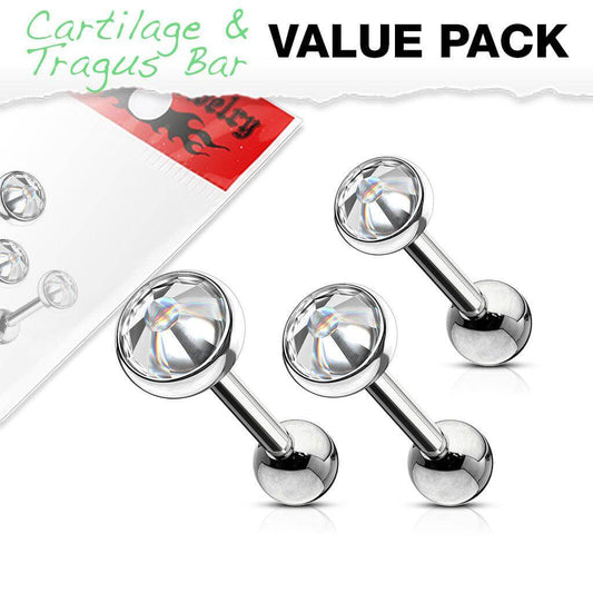 3 Pcs Value Pack of Assorted 316L Tragus Bar with Clear Gem Top - Take A Peek