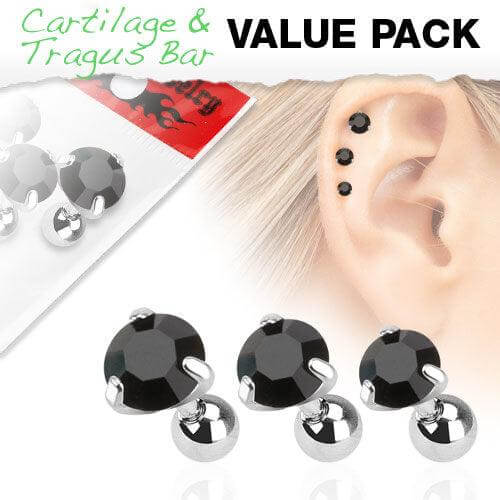 3 Pcs Value Pack of Assorted 316L Tragus Bar with Black Round Gem Top - Take A Peek