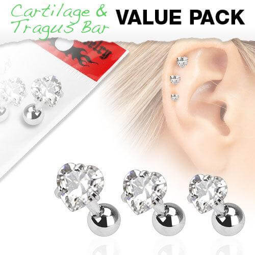3 Pcs Value Pack of Assorted 316L Tragus Bar with Clear Hearts Gem Top - Take A Peek