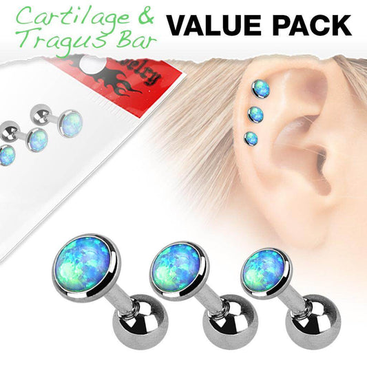 3 Pcs Value Pack 316L Surgical Steel Cartilage Barbells with Opal Set Top - Take A Peek