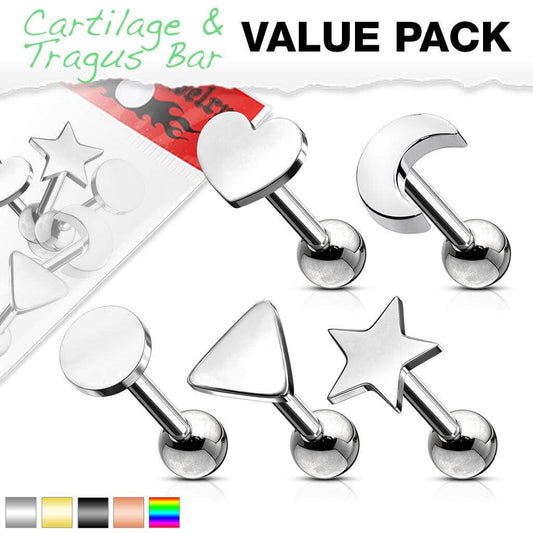 5 Pcs Value Pack of Assorted 316L Cartilage/Tragus Bar with Mixed Shapes Top - Take A Peek