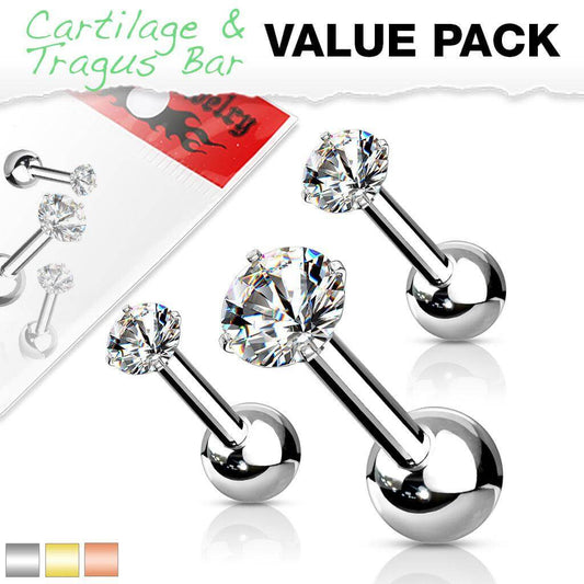 3 Pcs Value Pack of Assorted 316L Cartilage/Tragus Bar with Prong Set CZ Top - Take A Peek