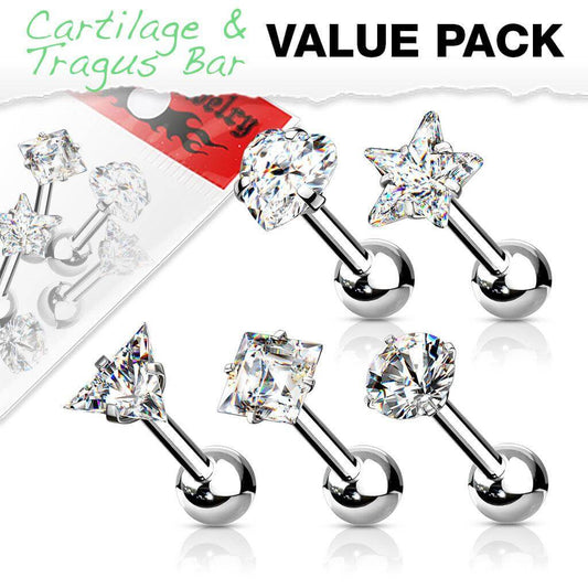 5 Pcs Value Pack of Assorted 316L Cartilage/Tragus Bar with Prong Set Mixed CZ Top - Take A Peek