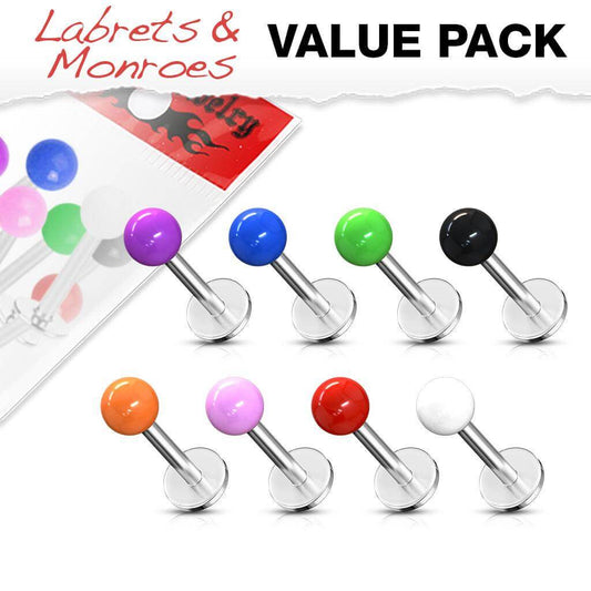 8 Pcs Value Pack of Assorted 316L Surgical Stainless Steel Monroe/Labret with Solid Color Acrylic Balls - Take A Peek