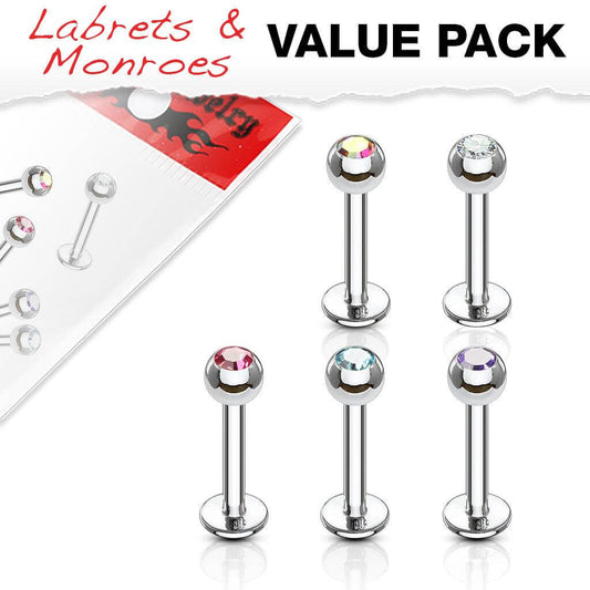 5 Pcs Value Pack of Assorted 316L Surgical Steel Crystal Set Ball Top Labret Monroe 16ga 1/4" - Take A Peek