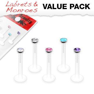 5 Pcs Value Pack of Assorted PTFE Flex Push-in Labret/Monroe W/Press Fit Gem Stone - Take A Peek