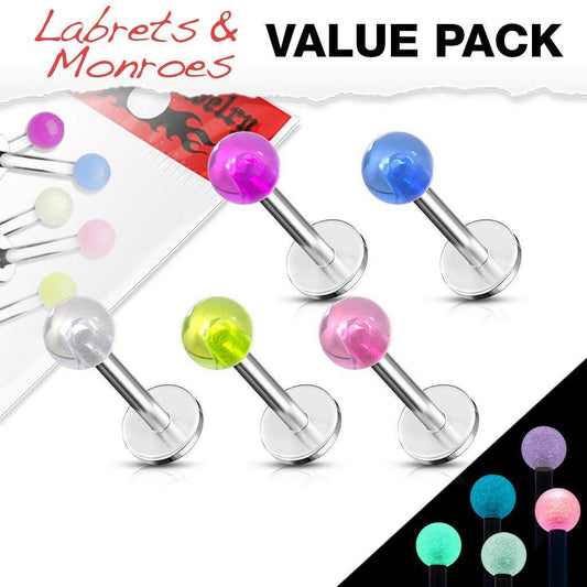 5 Pcs Value Pack of Assorted Glow in the Dark Ball 316L Steel Labret & Monroe - Take A Peek